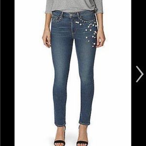 Embellished pearl jeans high rise straight crop